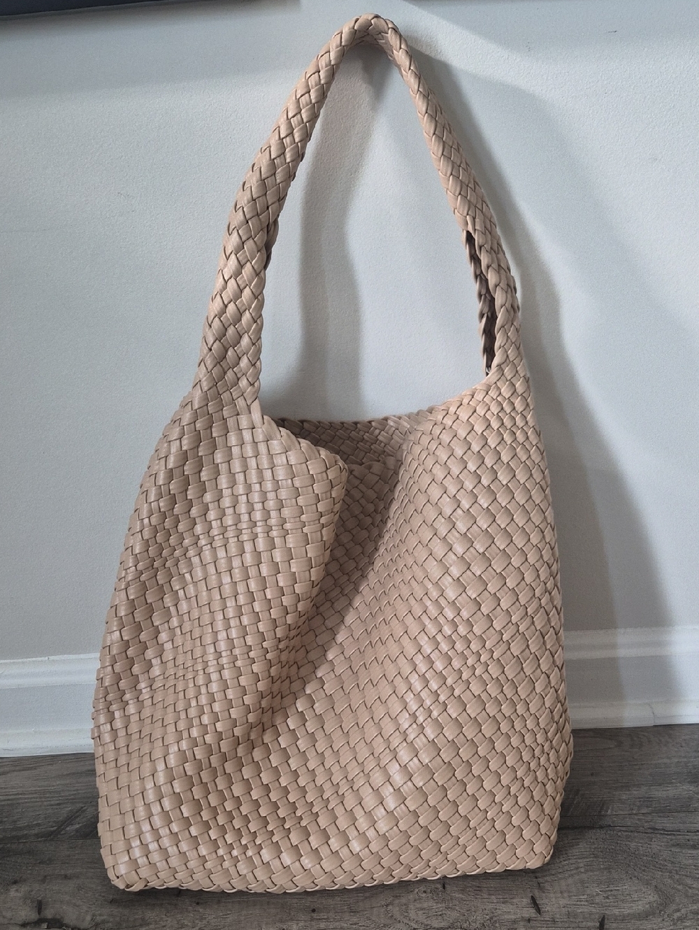 Woven Shoulder Hobo Bag in Light Beige